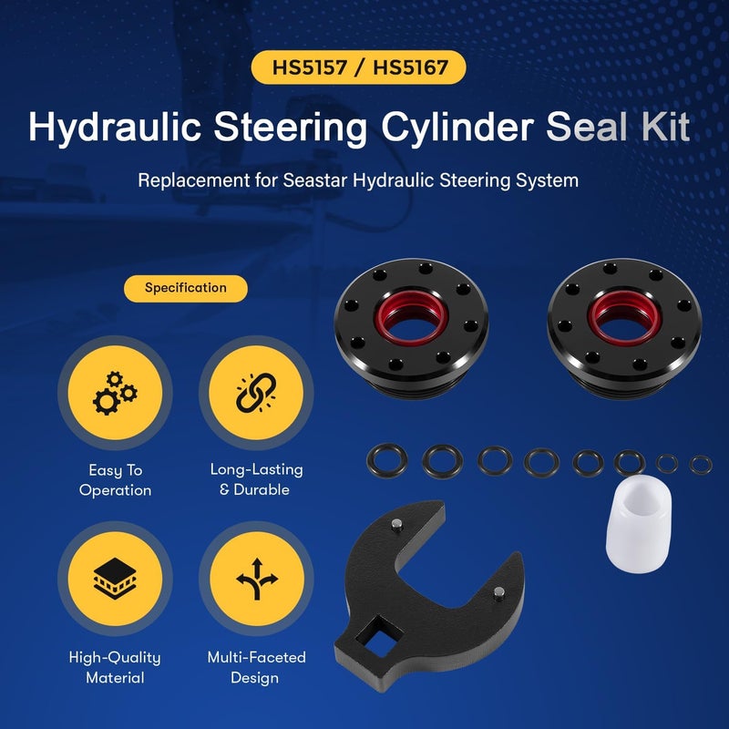 Sunluway Hydraulic Steering Cylinder Seal Kit with Pin Wrench & O-Ring Kit for Seastar Front Mount Hydraulic Steering System, Compatible with HS5157, HS5167, HC5340, HC5341, HC5342, HC5343, HC5344, and More - Image 2