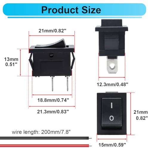 TWTADE 10Pcs Rocker Switch ON/Off 2Pin Latching Square Toggle SPST Switch Snap with Wires KCD1-X-F - Image 2