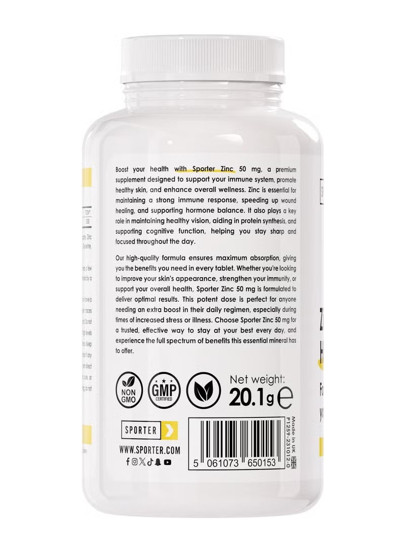 Sporter Zinc 50mg High-Potency – 60 Tablets | Immune System, Skin & Hormone Support | Vegan | Non-GMO | Gluten-Free | High Absorption Formula - Image 3