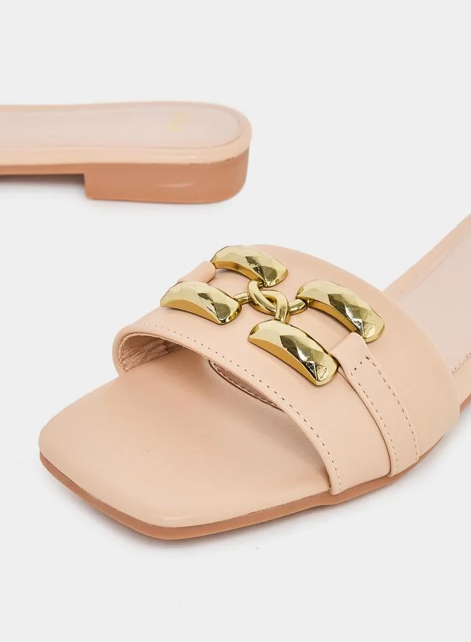 Styli Buckle Embellished Open Toe Flat Sandals