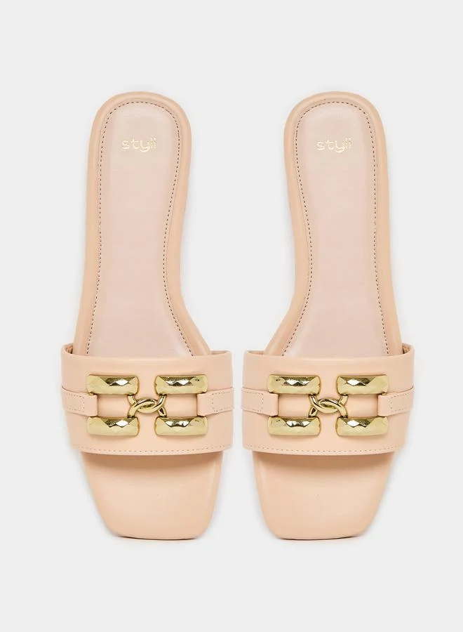 Styli Buckle Embellished Open Toe Flat Sandals