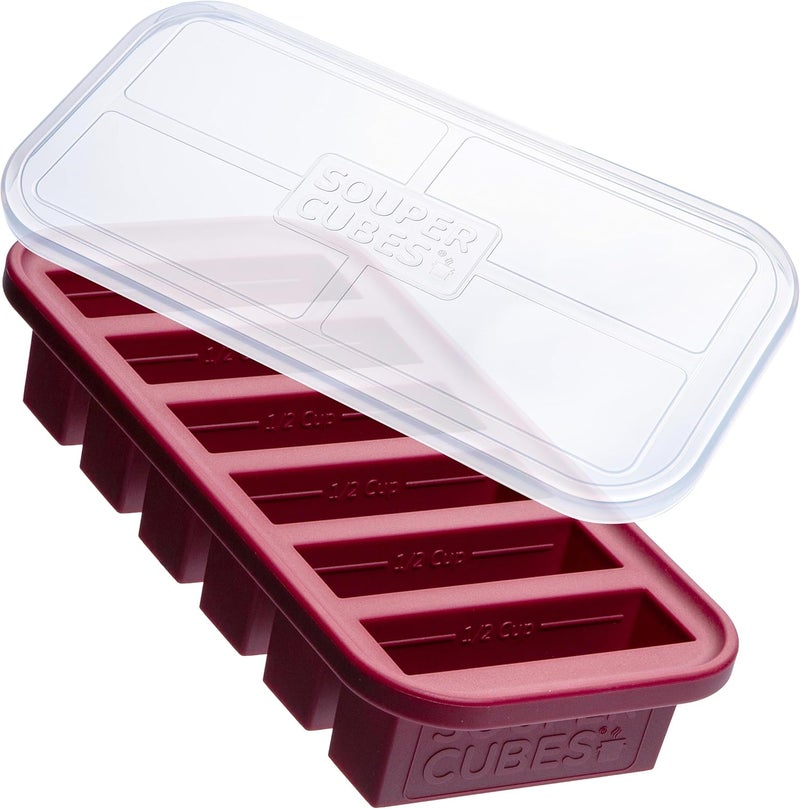 Souper Cubes 1/2 Cup Silicone Freezer Tray With Lid - Easy Meal Prep Container and Kitchen Storage Solution - Silicone Mold for Soup and Food Storage - Cranberry – 1-Pack - Image 1