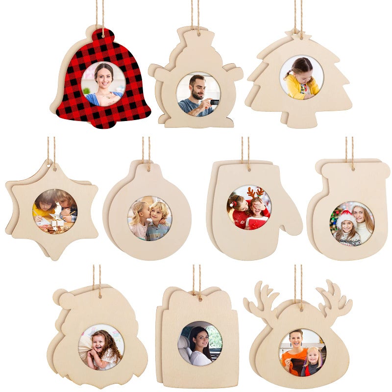 Marsui 20 Pieces Christmas Wooden Photo Frame Ornaments Crafts Wood Picture Frame Ornaments Pack to Paint DIY Christmas Decor for Crafts Holiday Presents Home Tree DecorationCute Style