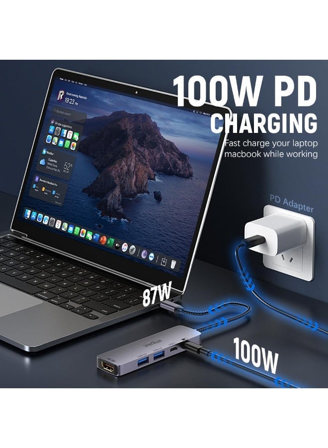 فيريلوكس Verilux® 5 في 1 USB C Hub USB - C إلى HDMI، تصميم منافذ USB مزدوجة، دعم إخراج الفيديو 4K @ 60Hz وتسليم الطاقة PD 100W، توصيل وانتقال USB C Hub للهاتف، الكمبيوتر اللوحي، حاوية SSD، الكمبيوتر المحمول، الشاشة - Image 5