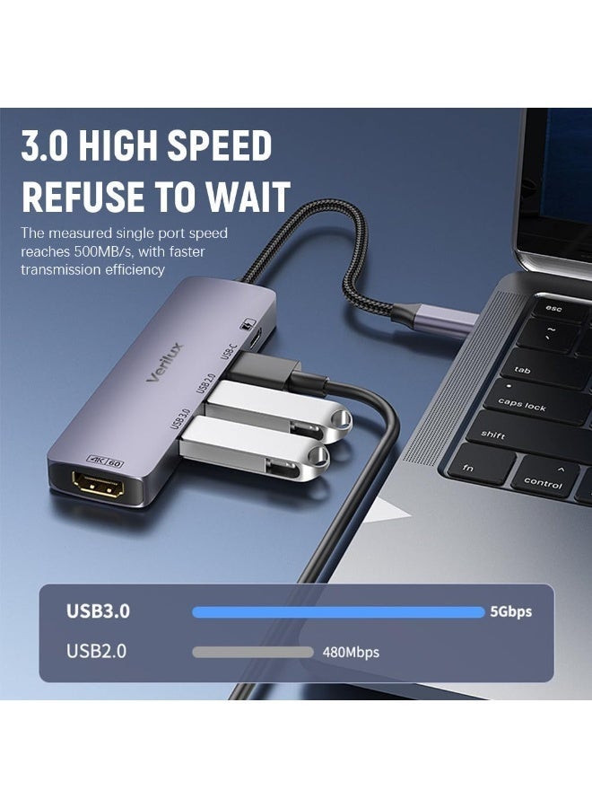 فيريلوكس Verilux® 5 في 1 USB C Hub USB - C إلى HDMI، تصميم منافذ USB مزدوجة، دعم إخراج الفيديو 4K @ 60Hz وتسليم الطاقة PD 100W، توصيل وانتقال USB C Hub للهاتف، الكمبيوتر اللوحي، حاوية SSD، الكمبيوتر المحمول، الشاشة - Image 2