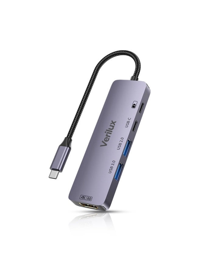 فيريلوكس Verilux® 5 في 1 USB C Hub USB - C إلى HDMI، تصميم منافذ USB مزدوجة، دعم إخراج الفيديو 4K @ 60Hz وتسليم الطاقة PD 100W، توصيل وانتقال USB C Hub للهاتف، الكمبيوتر اللوحي، حاوية SSD، الكمبيوتر المحمول، الشاشة - Image 1