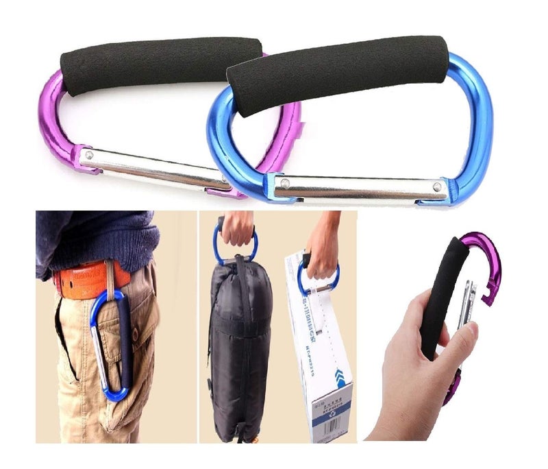 Newraturner Large Stroller Hooks for Mommy, 2 pcs Carabiner Stroller Hook Organizer for Hanging Purses, Diaper Bag, Shopping Bags. Clip Fits Single/Twin Travel Systems, Car Seats (Blue+Purple) - Image 1