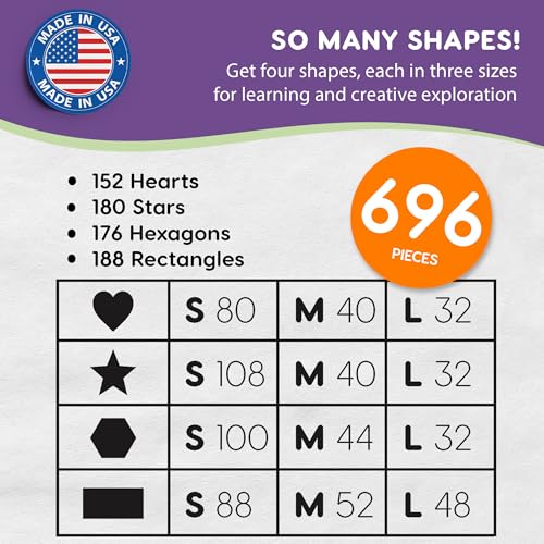 FreshCut Crafts Basic Shapes 2: Hearts, Stars, Hexagons, Rectangles, 696 Pieces US Made Card Stock Punch Out Geometric Shapes in 3 Sizes and 4 NEON Colors for Math, Pattern Play and DIY Crafting - Image 4