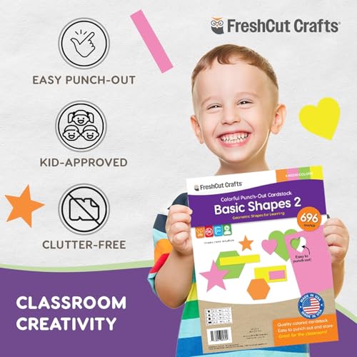 FreshCut Crafts Basic Shapes 2: Hearts, Stars, Hexagons, Rectangles, 696 Pieces US Made Card Stock Punch Out Geometric Shapes in 3 Sizes and 4 NEON Colors for Math, Pattern Play and DIY Crafting - Image 5
