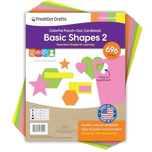 FreshCut Crafts Basic Shapes 2: Hearts, Stars, Hexagons, Rectangles, 696 Pieces US Made Card Stock Punch Out Geometric Shapes in 3 Sizes and 4 NEON Colors for Math, Pattern Play and DIY Crafting - Image 1