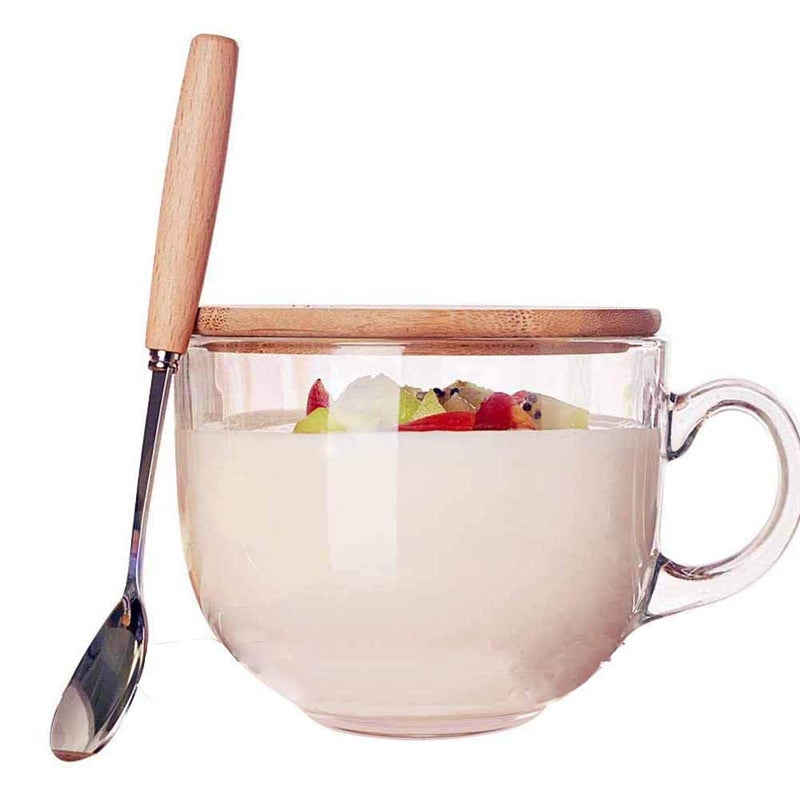 TAMUME 470ml Microwavable Glass Cup with Wooden Lid Includes a Spoon with Wooden HandleGlass Coffee Cup and Tea Mug Wood Lid and Spoon 470ml