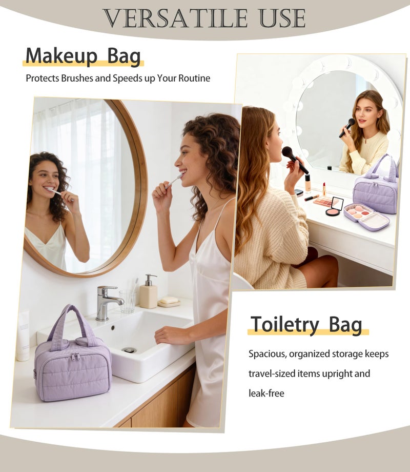 BUZFOWU Travel Toiletry Bag for Women, Large Wide-open Puffy Cosmetic Makeup Bag with Wet-Dry Separation, Multi-Pocket Organizer with Carry Handle for Toiletries, Cosmetics, Essentials, Light Purple - Image 2