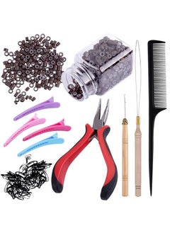 Hair Extensions Kit 500 Pcs Brown Micro Ring Beads 1 Micro Beads Plier 2 Hook Needle Pulling Loop 4 Plastic Alligator Hair Clips 1 Comb And 2 Bags Black Mini Rubber Hair Elastic