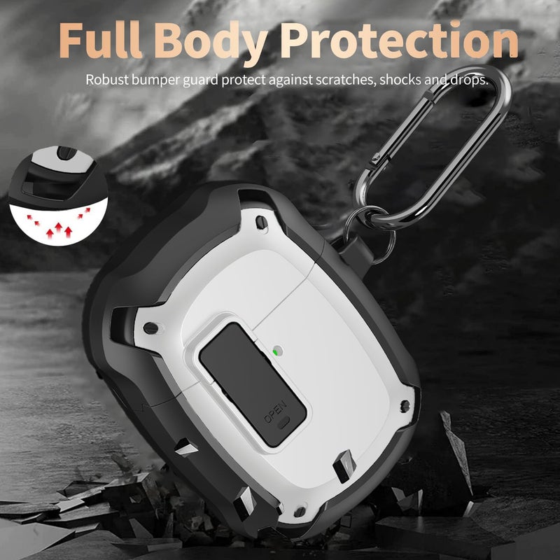 Olytop for Google Pixel Buds Pro 2/ Pro Case Cover with Lock Clip & Cleaner Pen 2024/2022, Shockproof Protective Hard Cover Skin with Carabiner Men Women - Black/White - Image 3