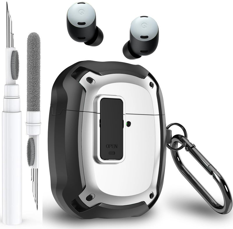 Olytop for Google Pixel Buds Pro 2/ Pro Case Cover with Lock Clip & Cleaner Pen 2024/2022, Shockproof Protective Hard Cover Skin with Carabiner Men Women - Black/White - Image 1