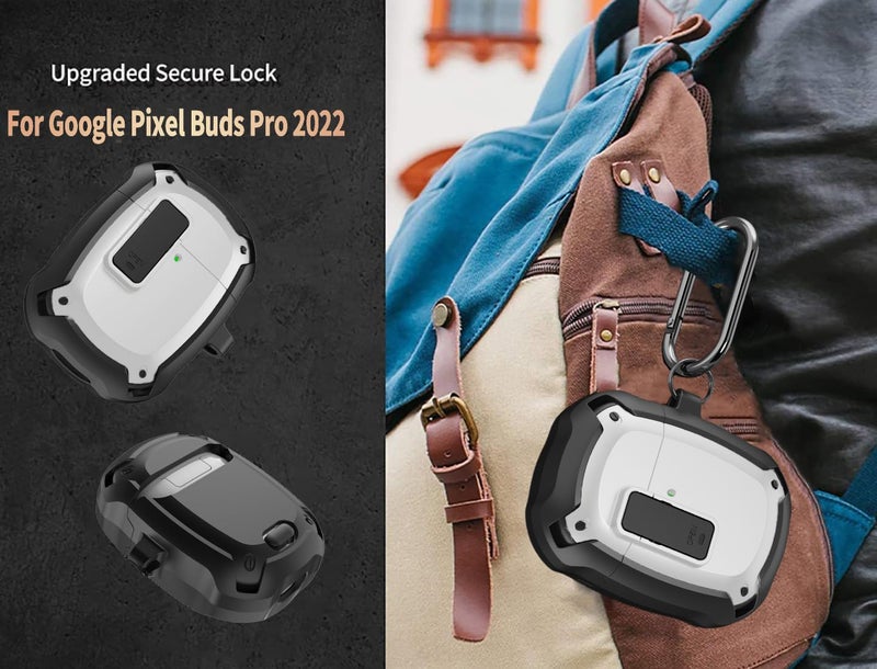 Olytop for Google Pixel Buds Pro 2/ Pro Case Cover with Lock Clip & Cleaner Pen 2024/2022, Shockproof Protective Hard Cover Skin with Carabiner Men Women - Black/White - Image 5
