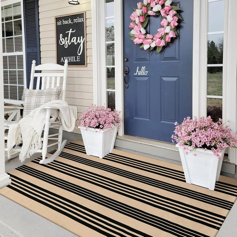 Sungea Black and Khaki Striped Rugs 3x5, Outdoor Cotton Hand Woven Front Door Mat,Washable Reversible Layered Door Mats, Foldable Front Porch Rug for Entryway/Home Entrance/Farmhouse - Image 1