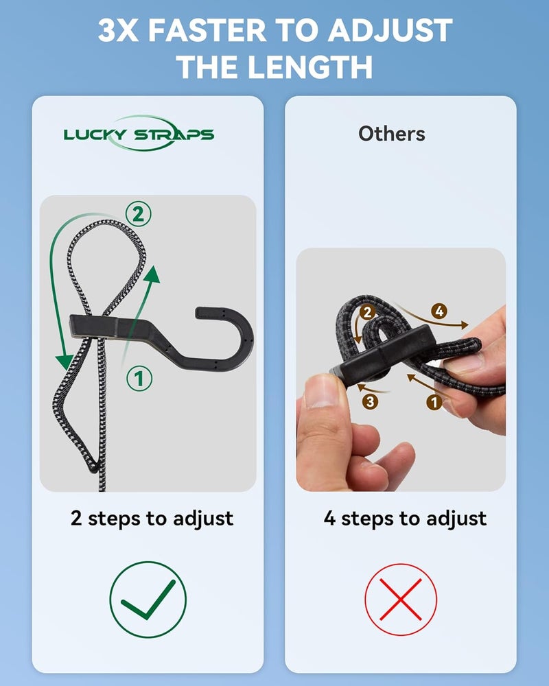 LuckyStraps 6 Pcs 32 Inch Flat Adjustable Bungee Cords with Hooks, 3X Faster to Adjust The Length, Lucky Straps Black Heavy Duty Bungee Straps for Cargo, Bike, Cart, Tent, Truck, Camping, Outdoor, etc Light & heavy use compatible - Image 2