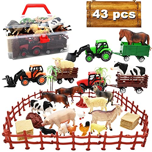 Kimicare 3 Pack Farm Toy Tractor with 40pcs Plastic Farm Animals Figurines and Fence Farm Playset, Farm Figures Farmer Vehicle Toy Truck with Trailer for 3-12 Years Old Kids Boys Girls Toddlers - Image 1