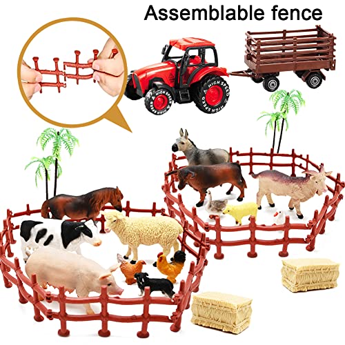 Kimicare 3 Pack Farm Toy Tractor with 40pcs Plastic Farm Animals Figurines and Fence Farm Playset, Farm Figures Farmer Vehicle Toy Truck with Trailer for 3-12 Years Old Kids Boys Girls Toddlers - Image 3