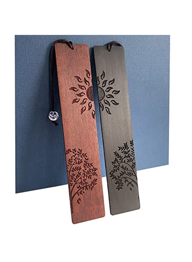 علامة مرجعية خشبية، علامات مرجعية للكتب هدية للرجال والنساء، اكسسوارات علامات الكتب (الشمس والشجرة) - Image 1