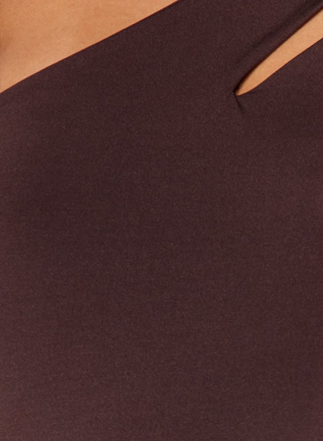 trendyol Brown Asymmetrical Collar Cut Out Detail Knitted Bodysuit with Snaps at the Bottom  - Image 4