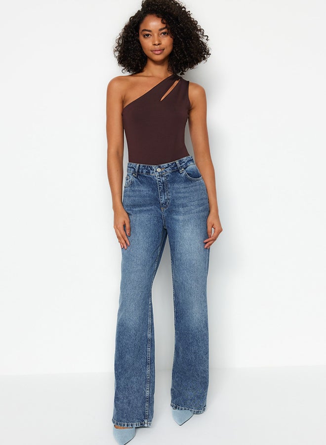 trendyol Brown Asymmetrical Collar Cut Out Detail Knitted Bodysuit with Snaps at the Bottom  - Image 5