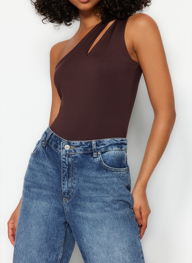 trendyol Brown Asymmetrical Collar Cut Out Detail Knitted Bodysuit with Snaps at the Bottom  - Image 3