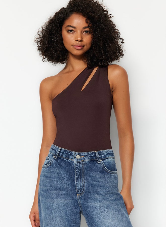 trendyol Brown Asymmetrical Collar Cut Out Detail Knitted Bodysuit with Snaps at the Bottom  - Image 1