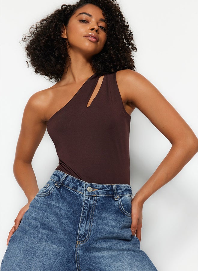 trendyol Brown Asymmetrical Collar Cut Out Detail Knitted Bodysuit with Snaps at the Bottom  - Image 2