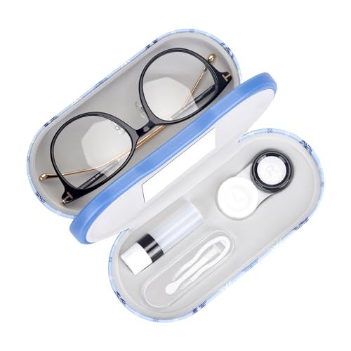 Muf 2 in 1 Contact Lens Case and Glasses Case, Double Sided Design with Mirror, Portable Travel Kit with Tweezer, Remover and Solution Bottle, Blue Plaid - Image 1