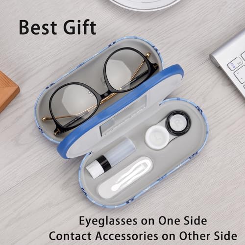 Muf 2 in 1 Contact Lens Case and Glasses Case, Double Sided Design with Mirror, Portable Travel Kit with Tweezer, Remover and Solution Bottle, Blue Plaid - Image 4
