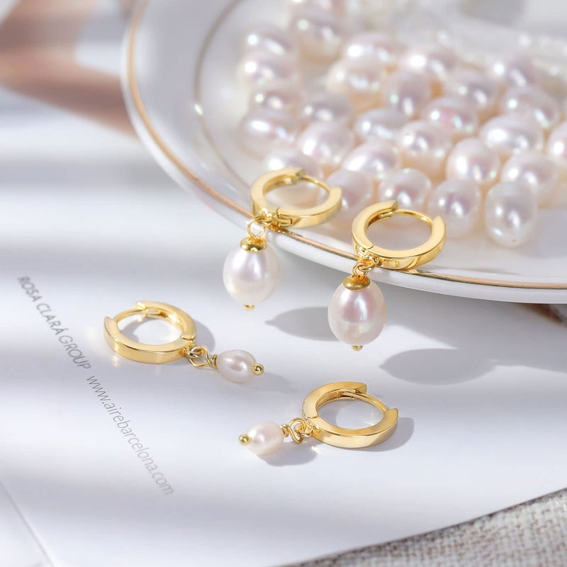 Fiusem Pearl Earrings for Women, 14K Gold Plated Small Hoops and Pearl Dangle Earrings, 10mm Huggie Earrings, Pearl Hoop Earrings - Image 4