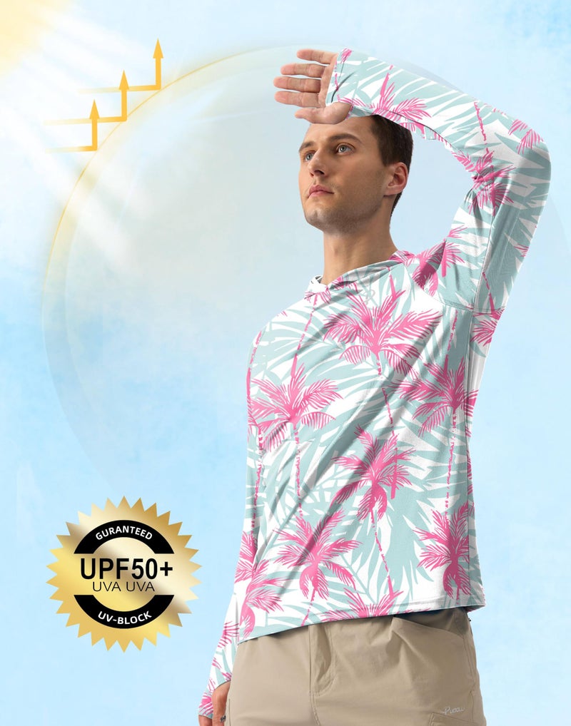 Pudolla Men's Sun Protection Hoodie Shirts UPF 50+ Rash Guard SPF Long Sleeve Fishing Shirt for Men Swim Hiking Boating(Pink Tree Large) - Image 3