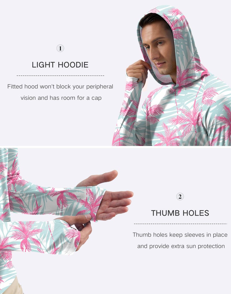Pudolla Men's Sun Protection Hoodie Shirts UPF 50+ Rash Guard SPF Long Sleeve Fishing Shirt for Men Swim Hiking Boating(Pink Tree Large) - Image 5