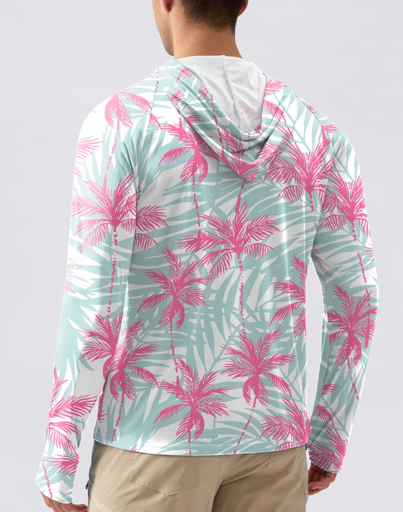Pudolla Men's Sun Protection Hoodie Shirts UPF 50+ Rash Guard SPF Long Sleeve Fishing Shirt for Men Swim Hiking Boating(Pink Tree Large) - Image 2