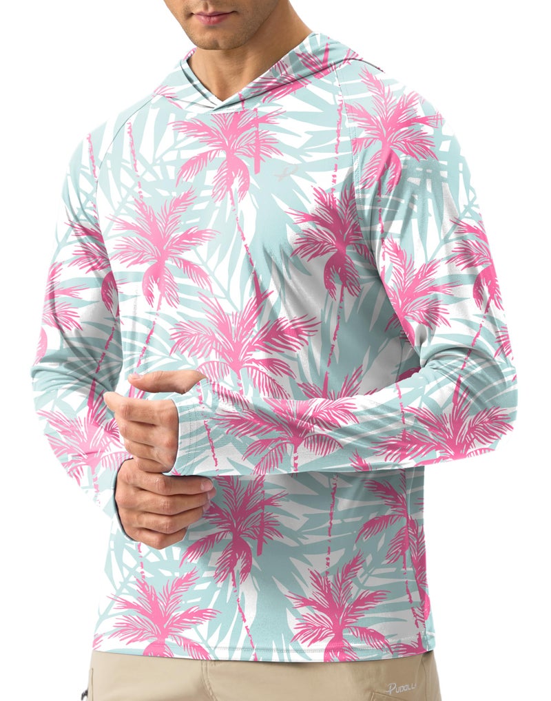 Pudolla Men's Sun Protection Hoodie Shirts UPF 50+ Rash Guard SPF Long Sleeve Fishing Shirt for Men Swim Hiking Boating(Pink Tree Large) - Image 1