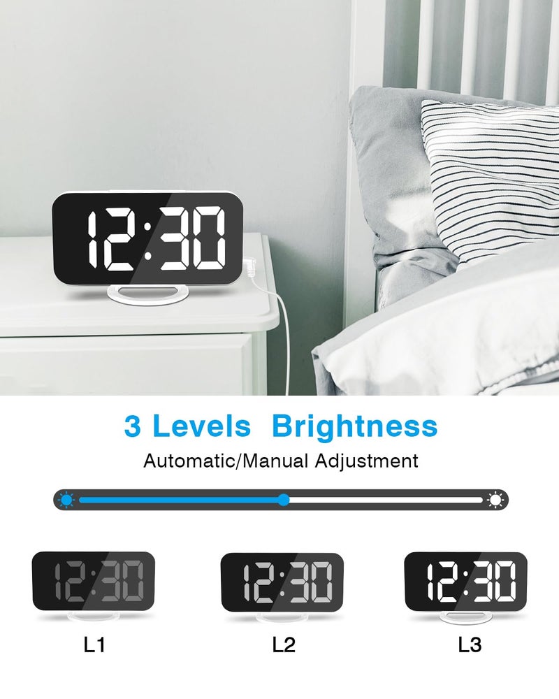 Poeroa ساعة منبه رقمية، 7" ساعة إلكترونية LED مرآة، مع 2 منفذ شحن USB، وضع الغفوة، ضبط تلقائي للسطوع، ساعات حائط مكتبية حديثة لغرف النوم وغرفة المعيشة والمكتب - أبيض - Image 5