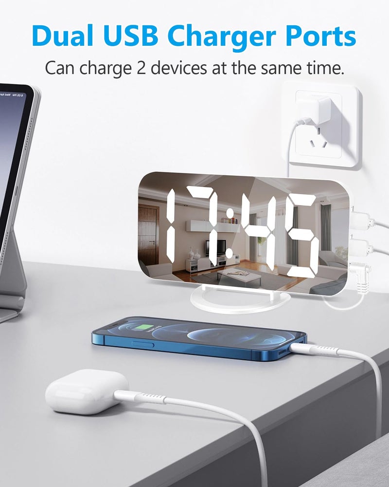 Poeroa ساعة منبه رقمية، 7" ساعة إلكترونية LED مرآة، مع 2 منفذ شحن USB، وضع الغفوة، ضبط تلقائي للسطوع، ساعات حائط مكتبية حديثة لغرف النوم وغرفة المعيشة والمكتب - أبيض - Image 3