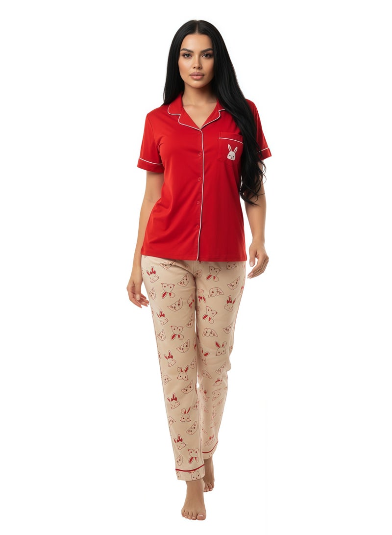 JOANNA Women's Sleeping Bunny Print Button Down Shirt & Long Pants Pajama Set, Red - Image 3