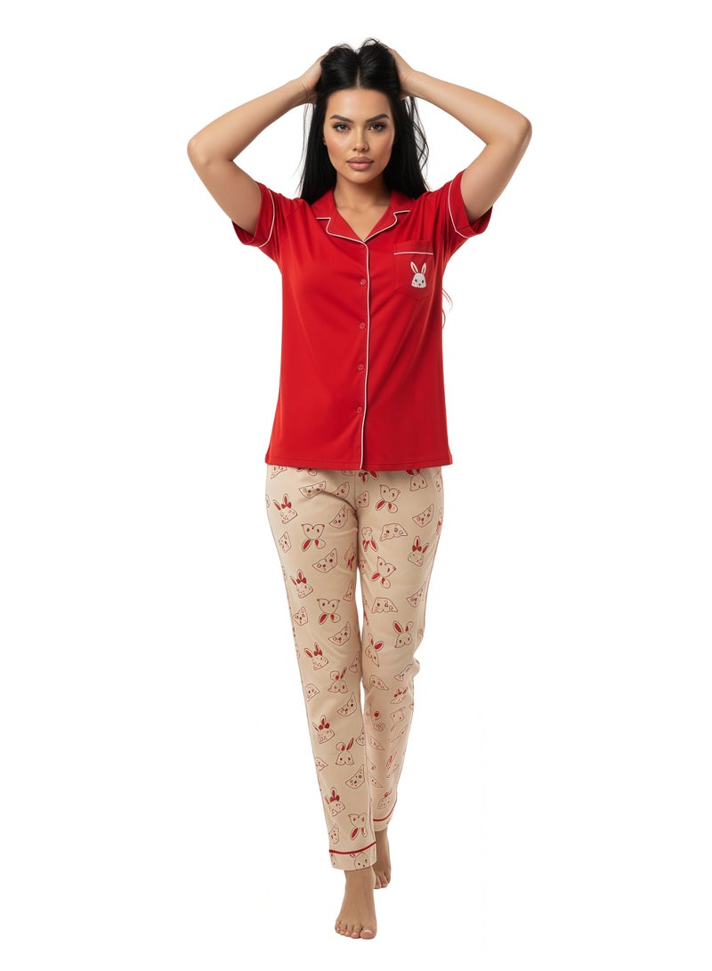 JOANNA Women's Sleeping Bunny Print Button Down Shirt & Long Pants Pajama Set, Red - Image 2