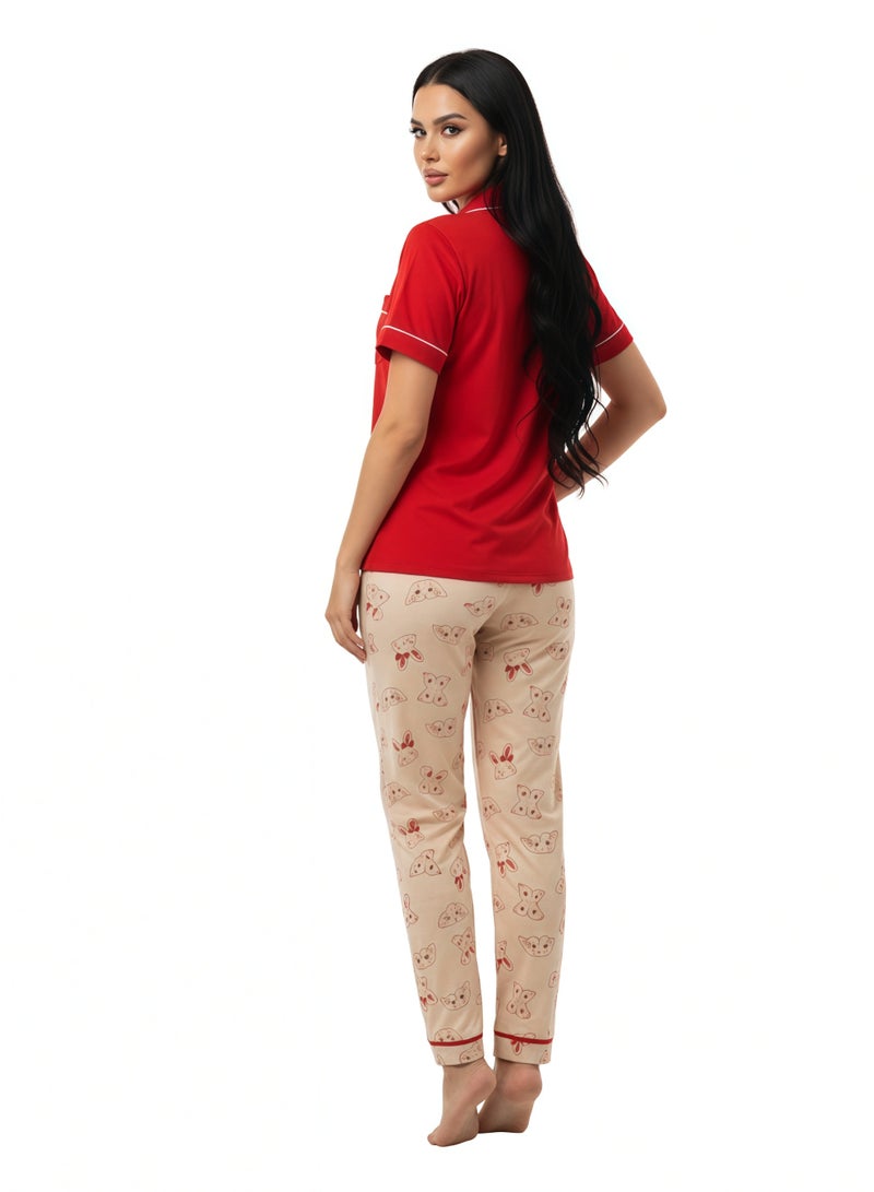 JOANNA Women's Sleeping Bunny Print Button Down Shirt & Long Pants Pajama Set, Red - Image 5