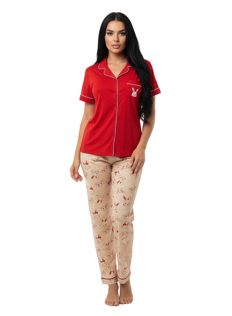JOANNA Women's Sleeping Bunny Print Button Down Shirt & Long Pants Pajama Set, Red - Image 1
