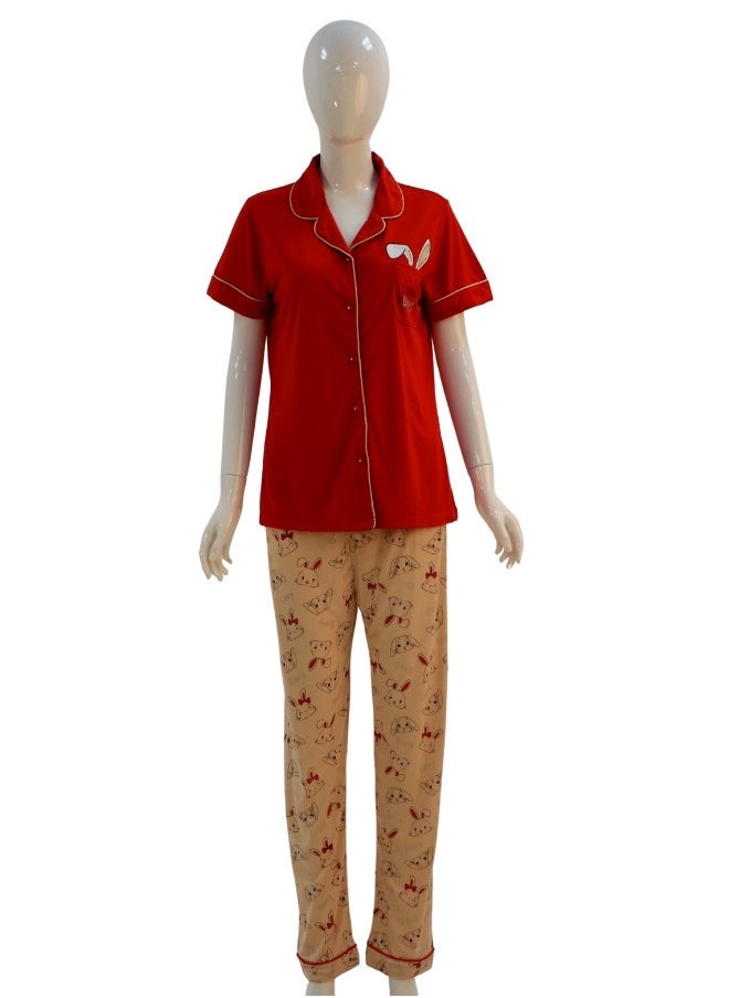 JOANNA - JOANNA Women's Sleeping Bunny Print Button Down Shirt & Long Pants Pajama Set, Red - Image 1