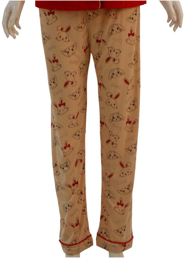 JOANNA - JOANNA Women's Sleeping Bunny Print Button Down Shirt & Long Pants Pajama Set, Red - Image 1
