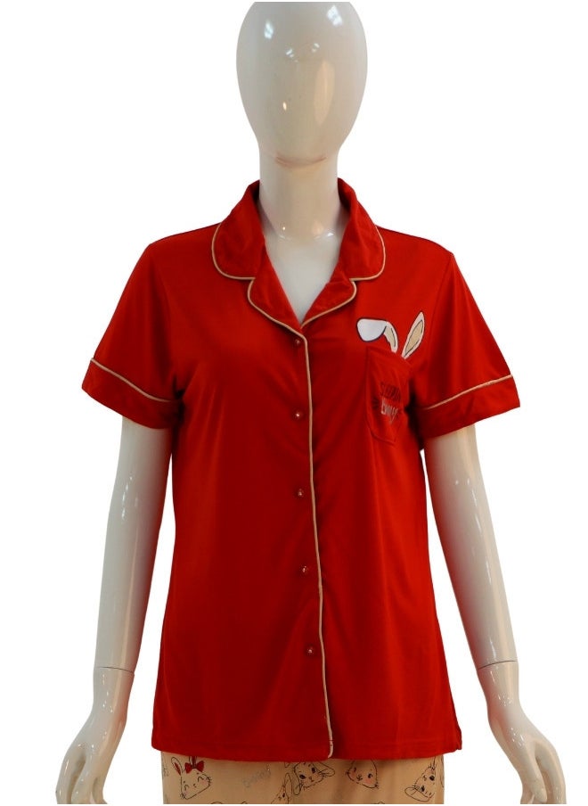 JOANNA - JOANNA Women's Sleeping Bunny Print Button Down Shirt & Long Pants Pajama Set, Red - Image 1