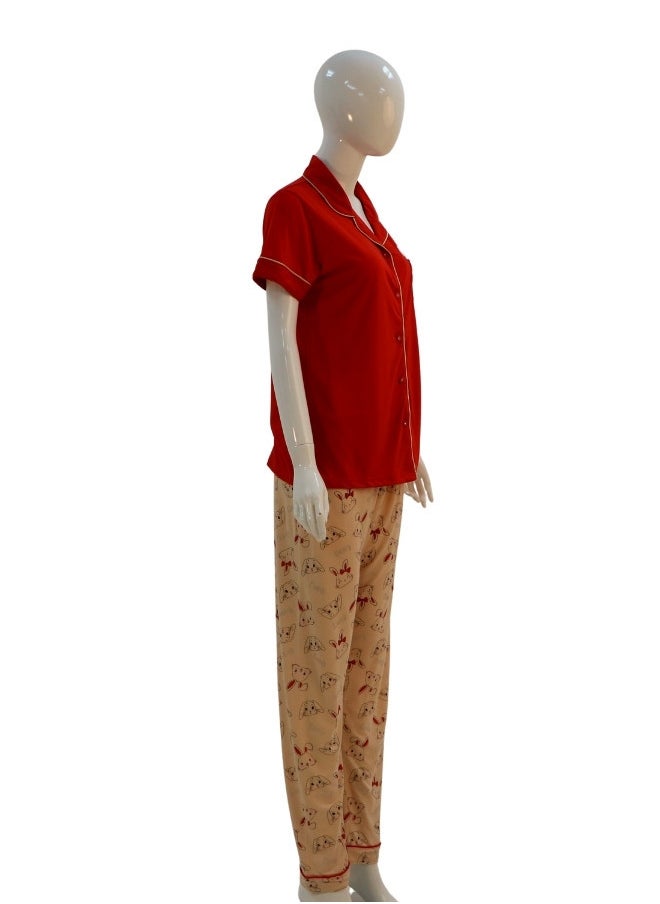 JOANNA - JOANNA Women's Sleeping Bunny Print Button Down Shirt & Long Pants Pajama Set, Red - Image 1