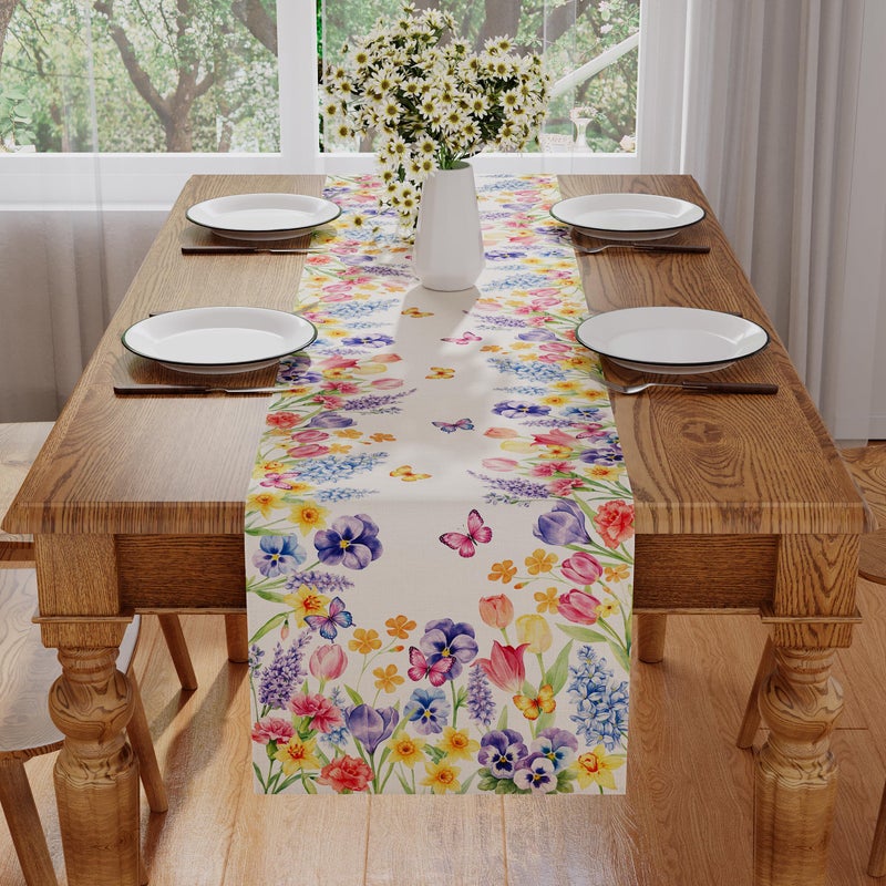 Siilues Spring Table Runner, Colorful Floral Butterfly Wild Flower Spring Runner for Table Watercolor Seasonal Summer Holiday Home Party Decor Kitchen Dining Table Decorations 13x72 Inch - Image 2