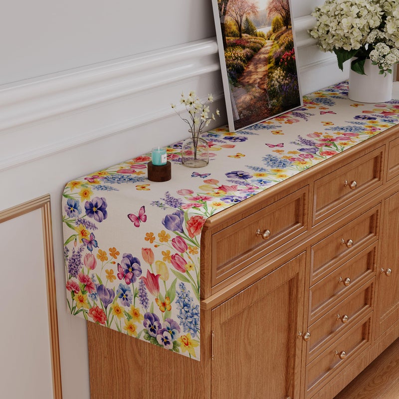 Siilues Spring Table Runner, Colorful Floral Butterfly Wild Flower Spring Runner for Table Watercolor Seasonal Summer Holiday Home Party Decor Kitchen Dining Table Decorations 13x72 Inch - Image 3