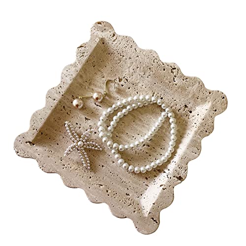 SAIDKOCC Vintage Natural Marble Tray Small Ornaments Scalloped Tray Handmade Storage Dish for Counter Vanity Dresser Nightstand and Desk Beige Travertine
